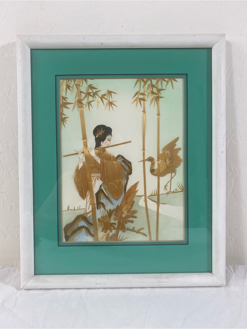 Asian-Inspired Mixed Media Wall Art with Teal Mat and Gold Accents